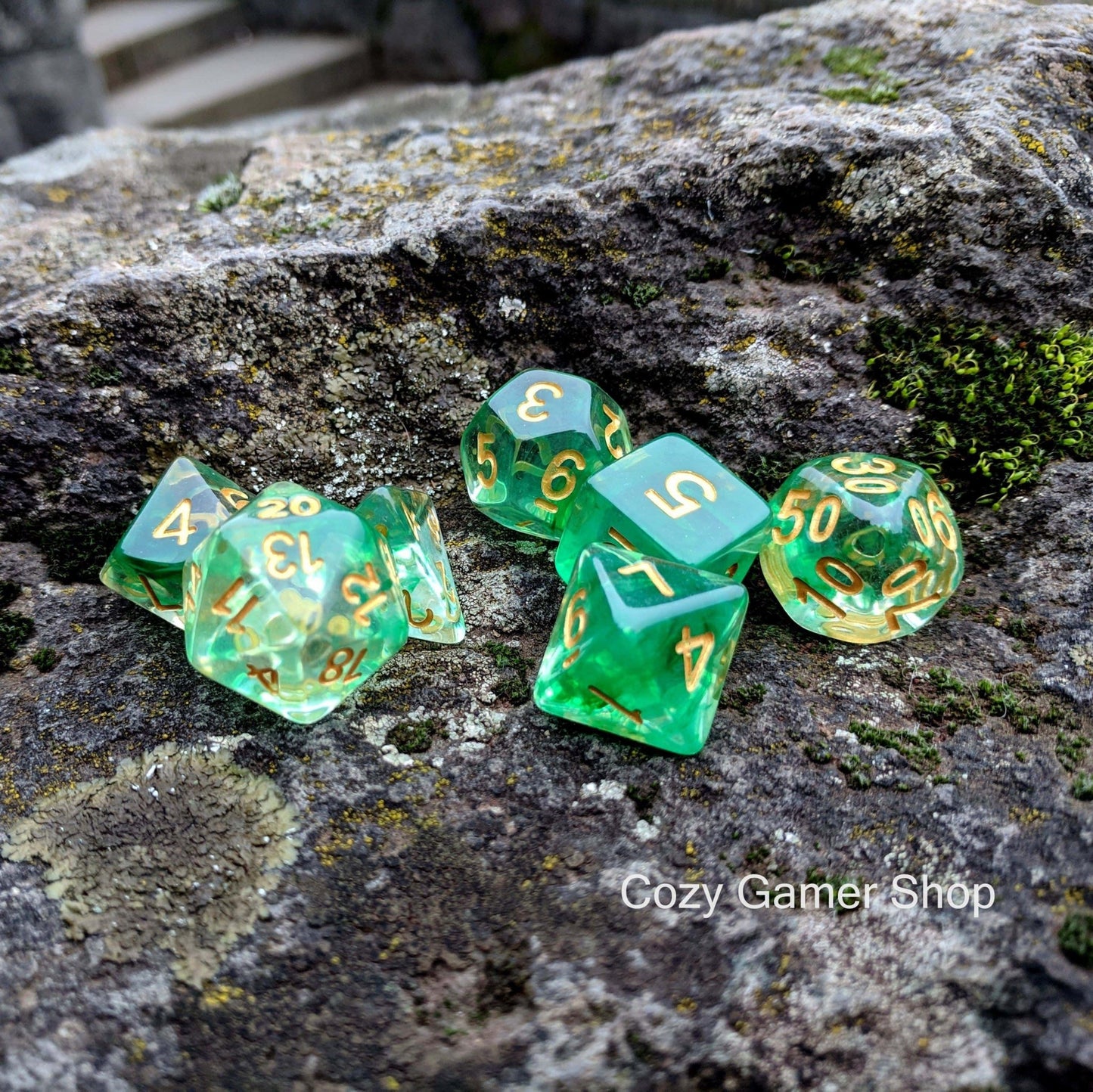 Arrow Shift Dice Set – 7 - Piece Clear Green Ink Suspended Acrylic DnD Dice - Fennek and Finch