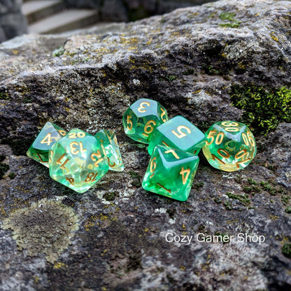 Arrow Shift Dice Set – 7 - Piece Clear Green Ink Suspended Acrylic DnD Dice - Fennek and Finch