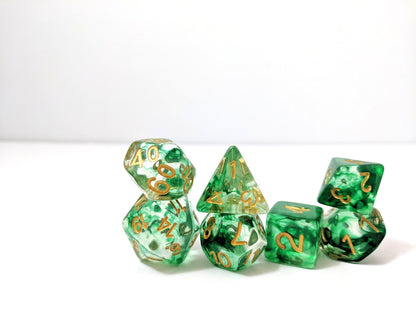Arrow Shift Dice Set – 7 - Piece Clear Green Ink Suspended Acrylic DnD Dice - Fennek and Finch