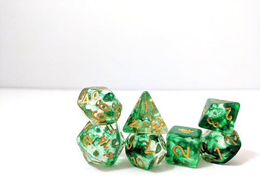 Arrow Shift Dice Set – 7 - Piece Clear Green Ink Suspended Acrylic DnD Dice - Fennek and Finch