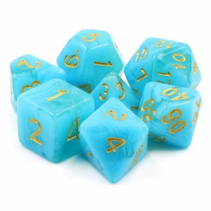 Atlantis Dice Set in light and shimmering blue for tabletop RPGs like Dungeons and Dragons, featuring 7 polyhedral dice.