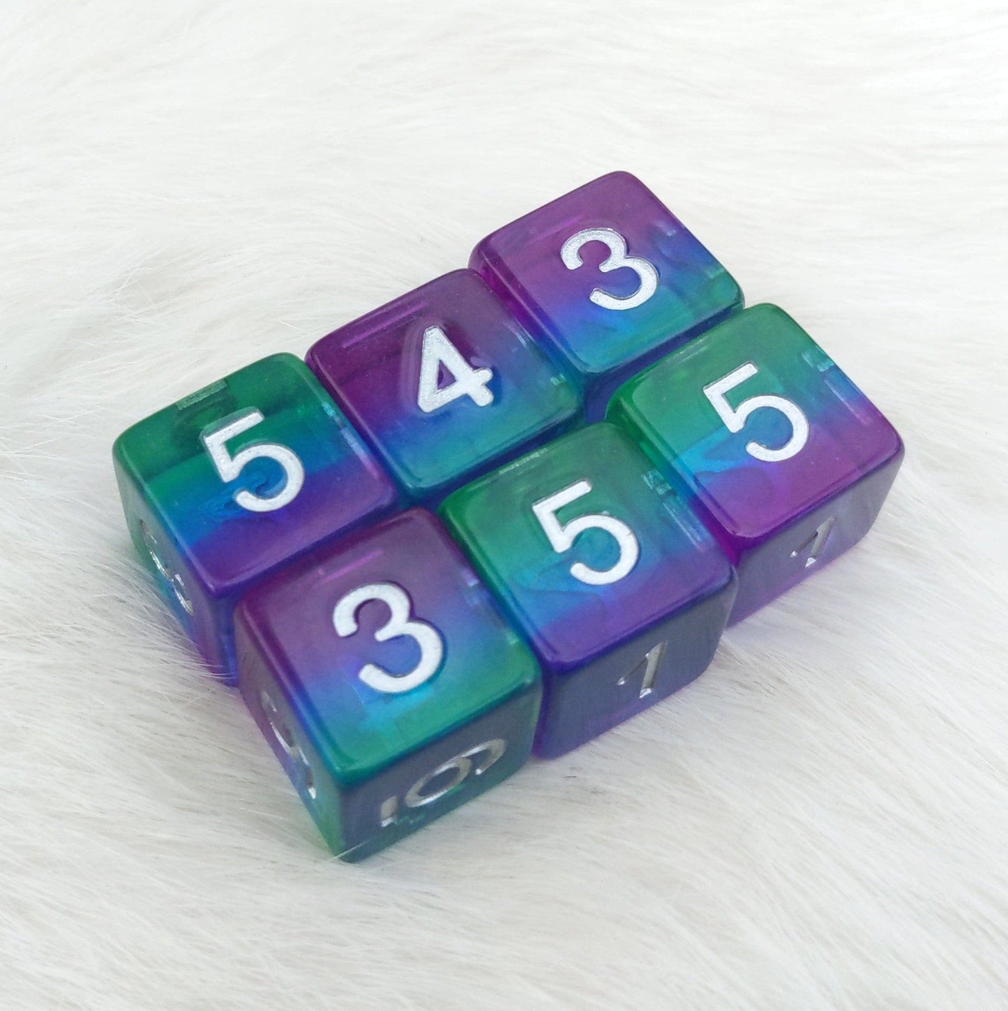 Aurora D6 Set – 6 - Piece Green Blue Purple Layered Clear Resin Six - Sided Dice - Fennek and Finch