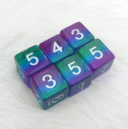 Aurora D6 Set – 6 - Piece Green Blue Purple Layered Clear Resin Six - Sided Dice - Fennek and Finch