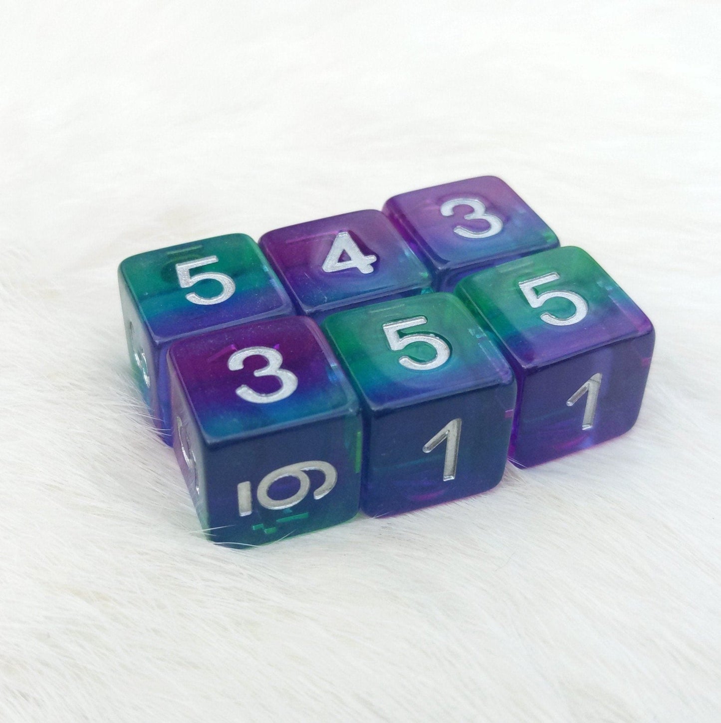Aurora D6 Set – 6 - Piece Green Blue Purple Layered Clear Resin Six - Sided Dice - Fennek and Finch