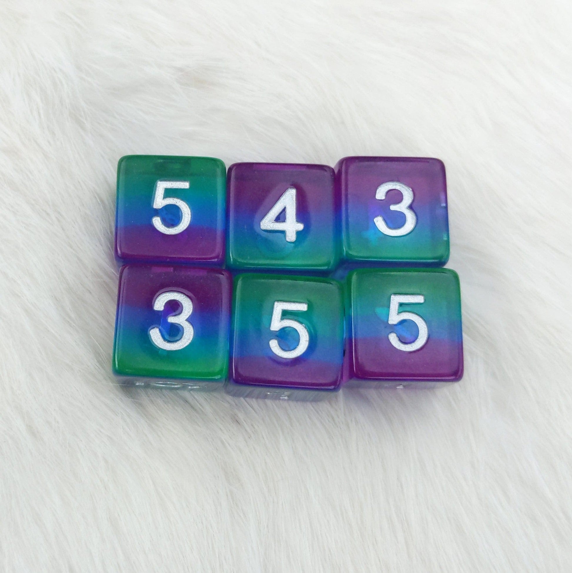 Aurora D6 Set – 6 - Piece Green Blue Purple Layered Clear Resin Six - Sided Dice - Fennek and Finch