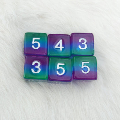 Aurora D6 Set – 6 - Piece Green Blue Purple Layered Clear Resin Six - Sided Dice - Fennek and Finch