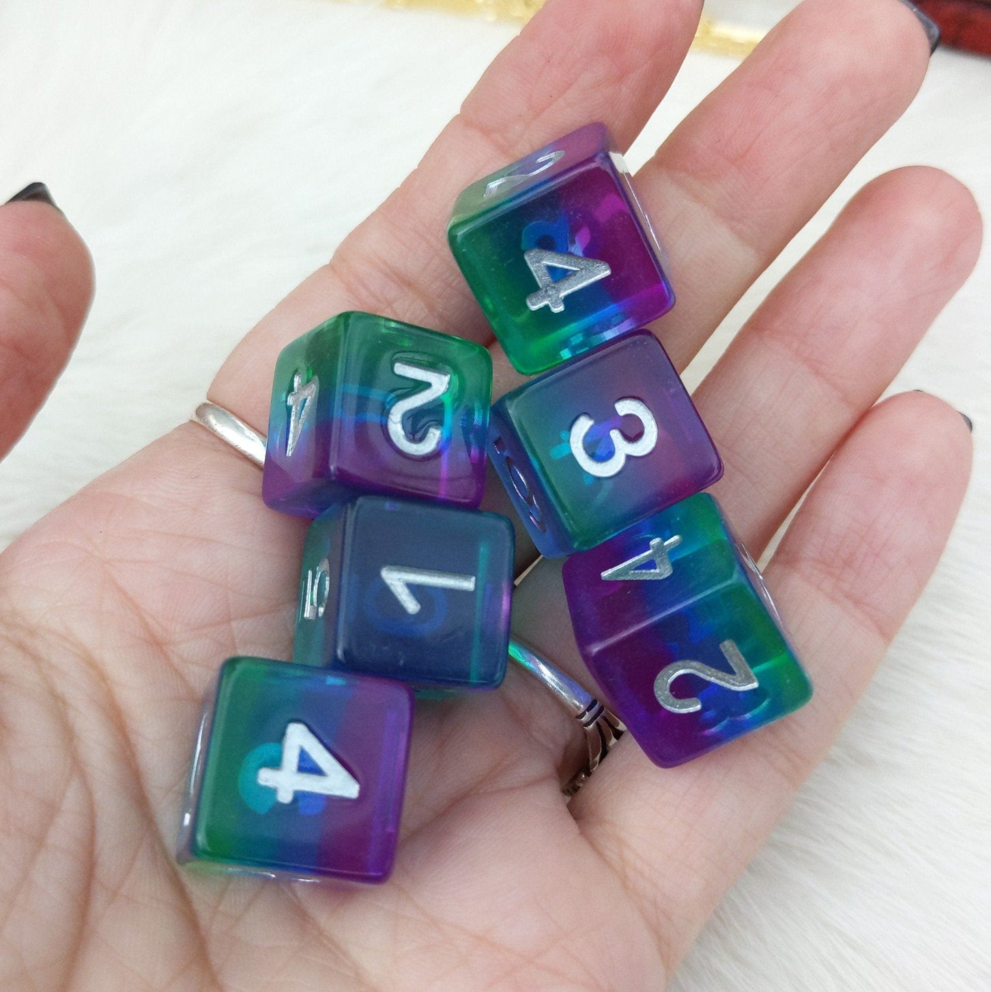 Aurora D6 Set – 6 - Piece Green Blue Purple Layered Clear Resin Six - Sided Dice - Fennek and Finch