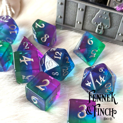 Aurora Dice Set – 7 or 11-Piece Northern Lights Layered DnD Dice | Fennek & Finch Dice Sets & Games Fennek and Finch