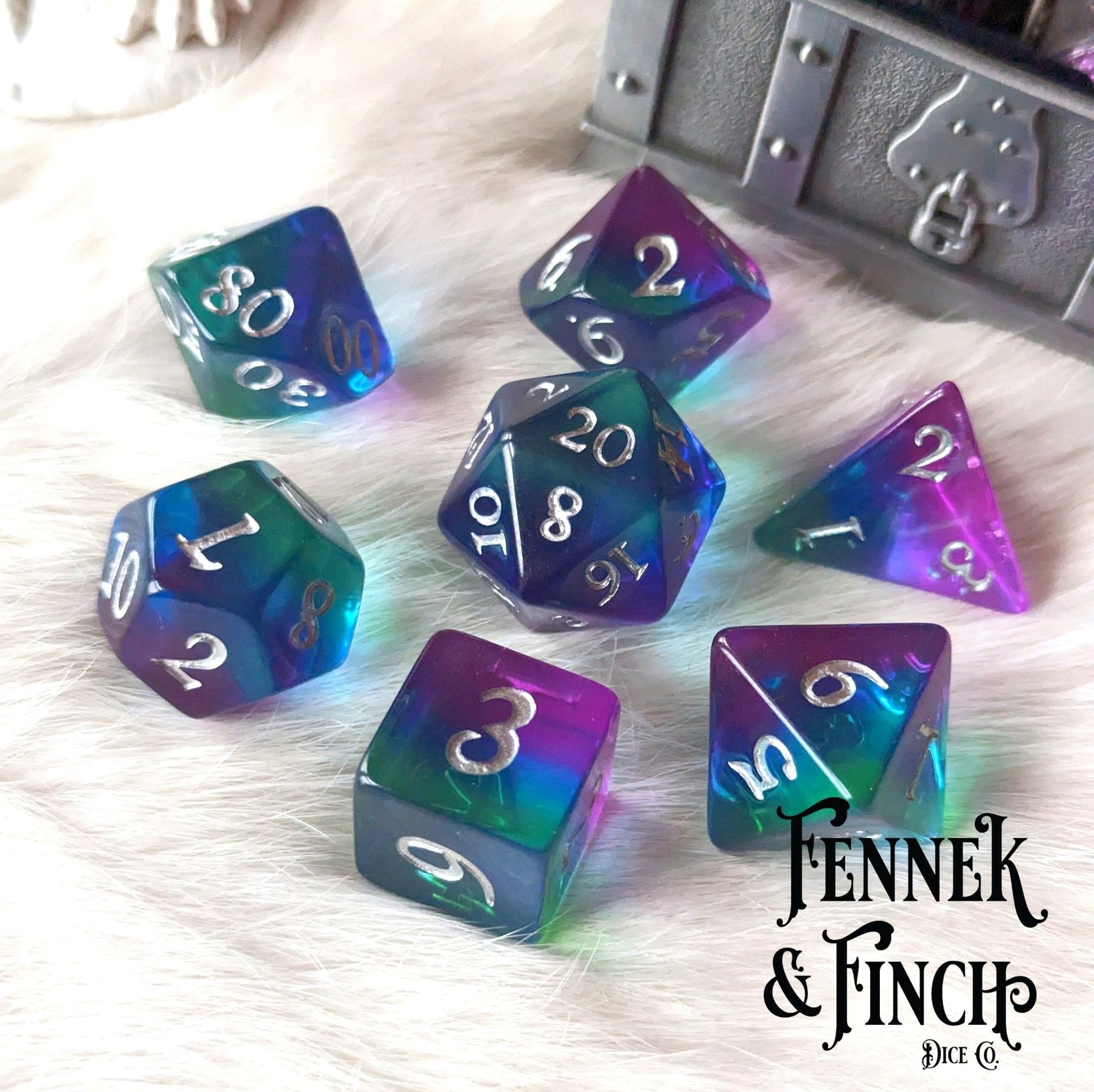 Aurora Dice Set – 7 or 11-Piece Northern Lights Layered DnD Dice | Fennek & Finch Dice Sets & Games Fennek and Finch 7 Piece