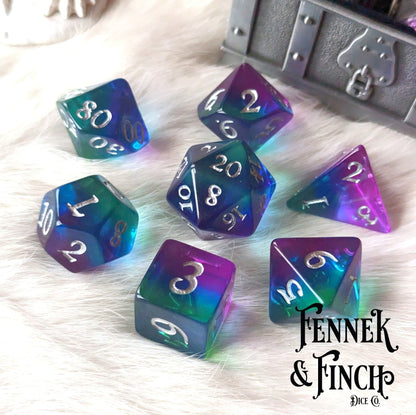 Aurora Dice Set – 7 or 11-Piece Northern Lights Layered DnD Dice | Fennek & Finch Dice Sets & Games Fennek and Finch 7 Piece