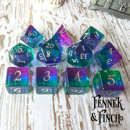 Aurora Dice Set – 7 or 11-Piece Northern Lights Layered DnD Dice | Fennek & Finch Dice Sets & Games Fennek and Finch 11 Piece