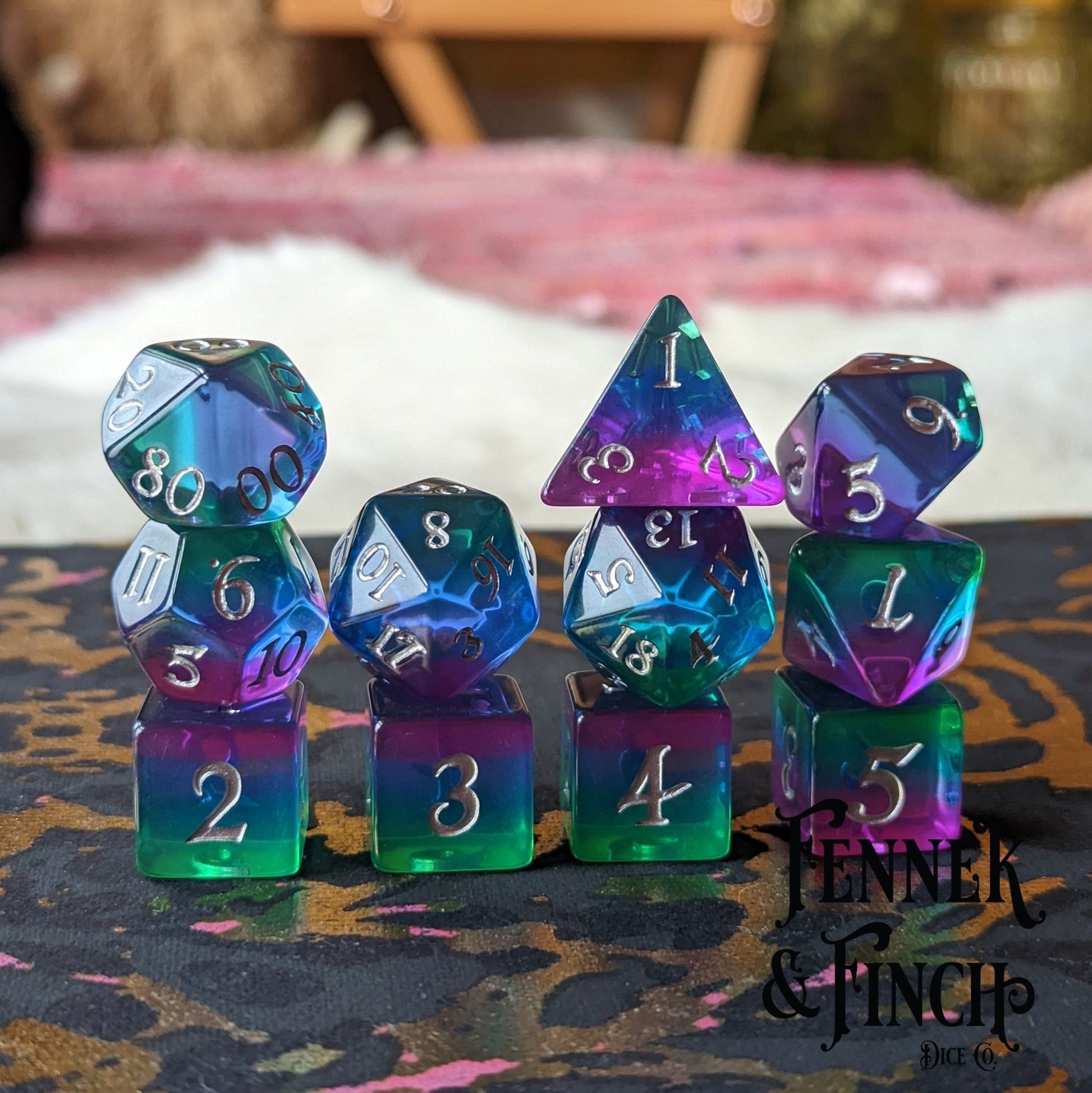 Aurora Dice Set – 7 or 11-Piece Northern Lights Layered DnD Dice | Fennek & Finch Dice Sets & Games Fennek and Finch