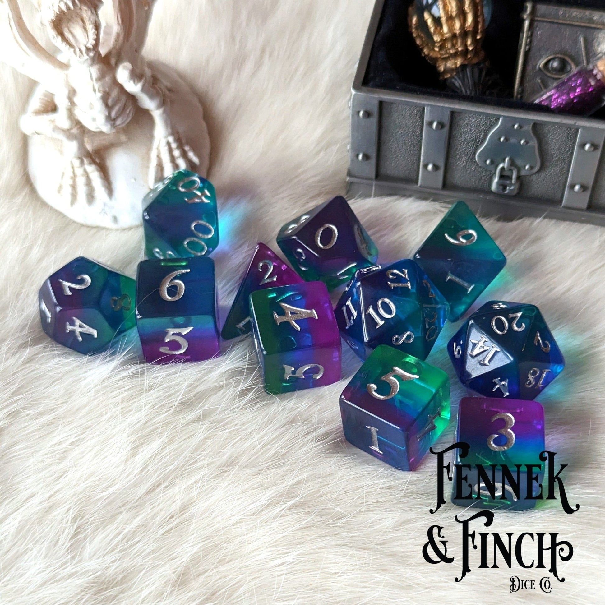 Aurora Dice Set – 7 or 11-Piece Northern Lights Layered DnD Dice | Fennek & Finch Dice Sets & Games Fennek and Finch