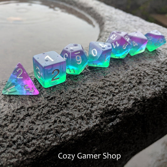 Aurora Dice Set – 7 - Piece Purple Blue Green Layered Transparent Rainbow DnD - Fennek and Finch