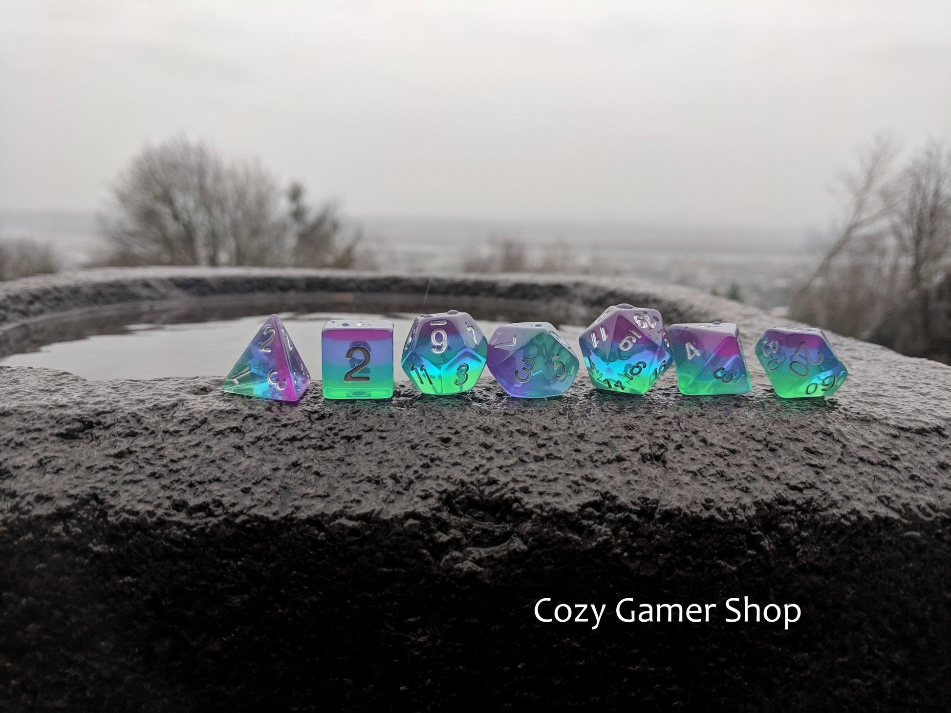 Aurora Dice Set. Purple Blue and Green Layered Rainbow Dice Dice sets Fennek and Finch