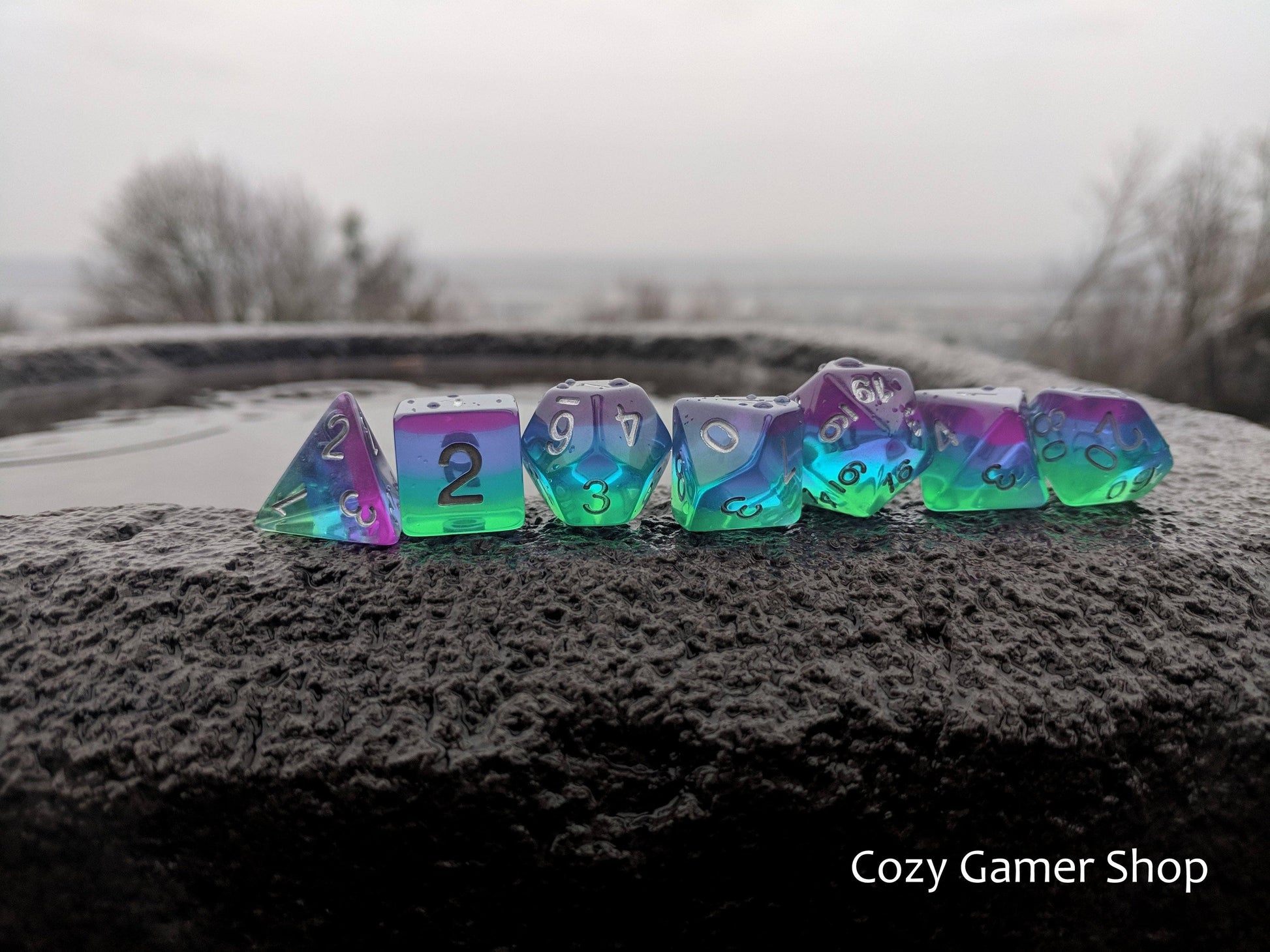 Aurora Dice Set. Purple Blue and Green Layered Rainbow Dice Dice sets Fennek and Finch