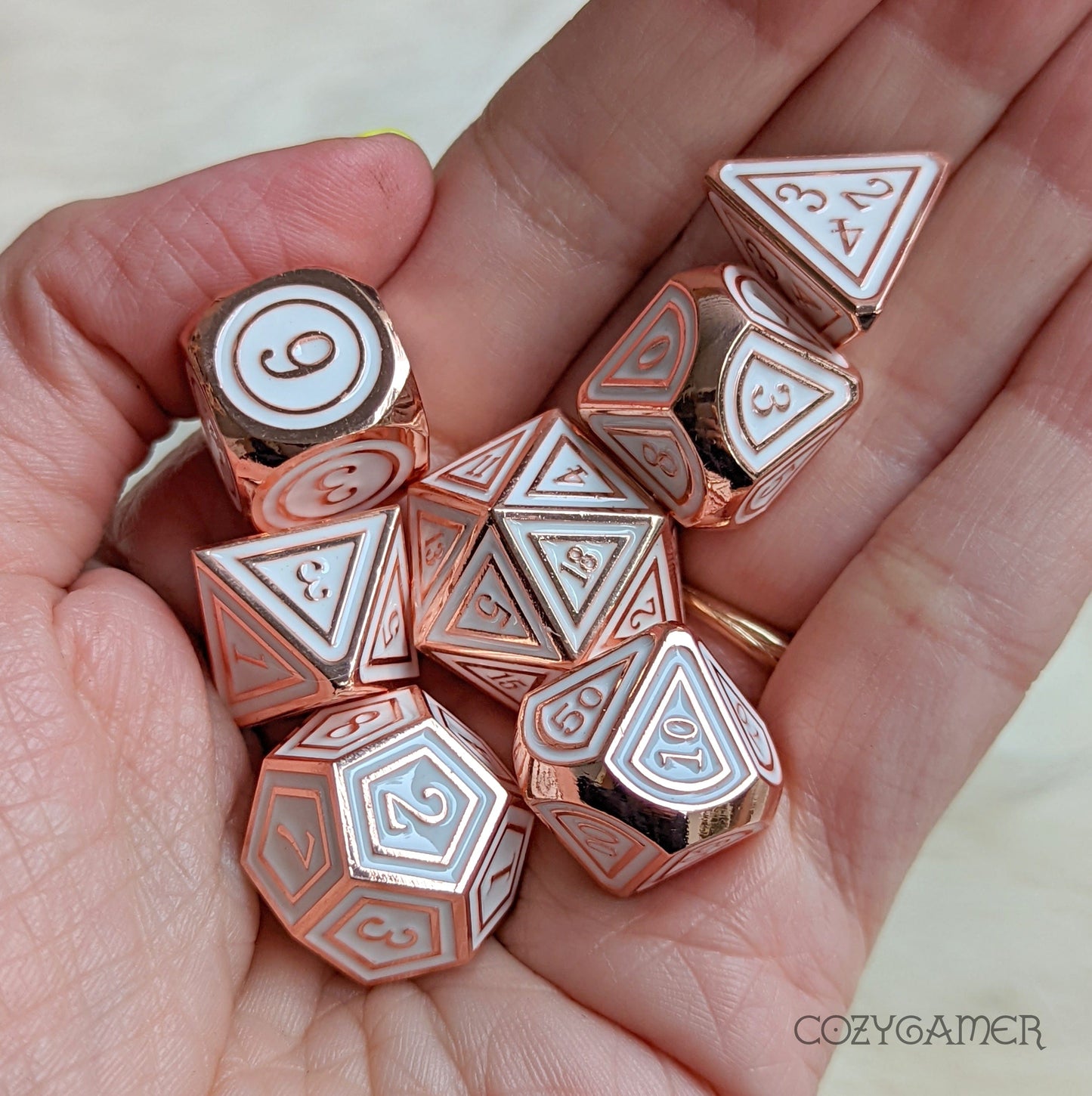 Avacyn Metal Dice Set. Copper Plated with White