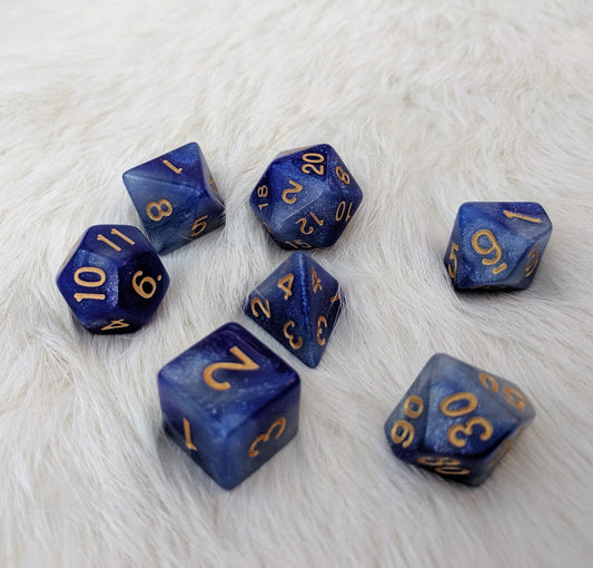 Azure Mage Dice Set, Blue and Silver Glitter Marbled 7 Piece D&D Dice Set - CozyGamer