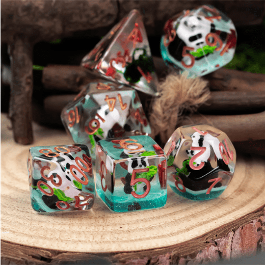 Bamboo Panda Resin Dice Set, 7-piece polyhedral DND dice with panda design, perfect for TTRPG gaming.