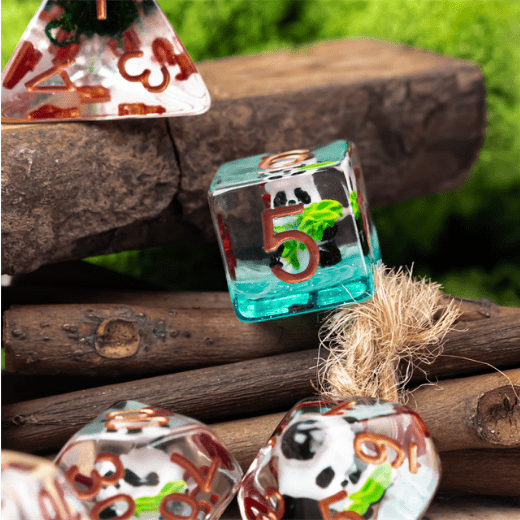 Bamboo Panda Resin Dice Set with cute panda and bamboo designs, perfect for DND and TTRPG enthusiasts.