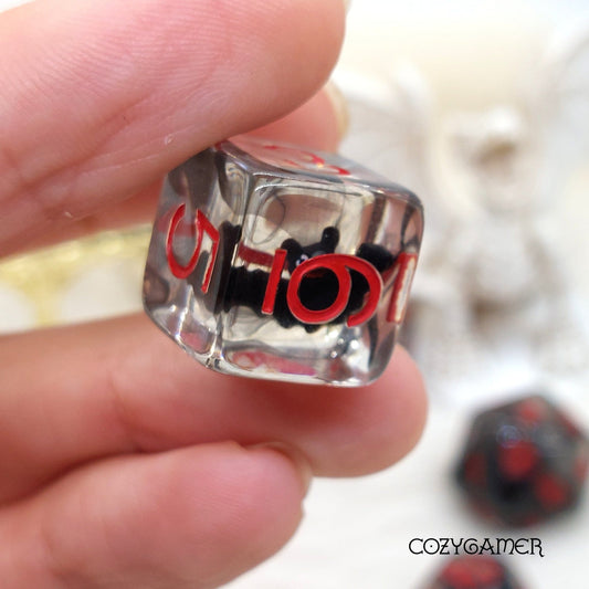 Bat Dice Set – 7 - Piece Black Red Tiny Bats Gothic DnD Dice - Fennek and Finch