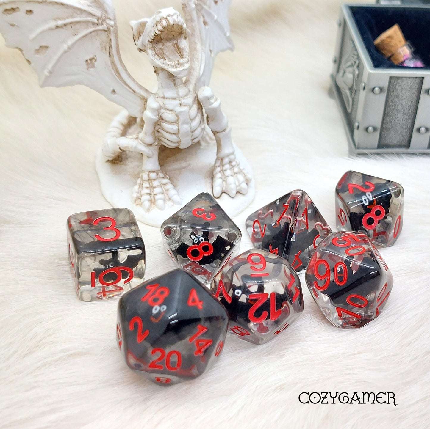 Bat Dice Set, Black and Red Tiny Bats 7 Piece D&D Dice Set