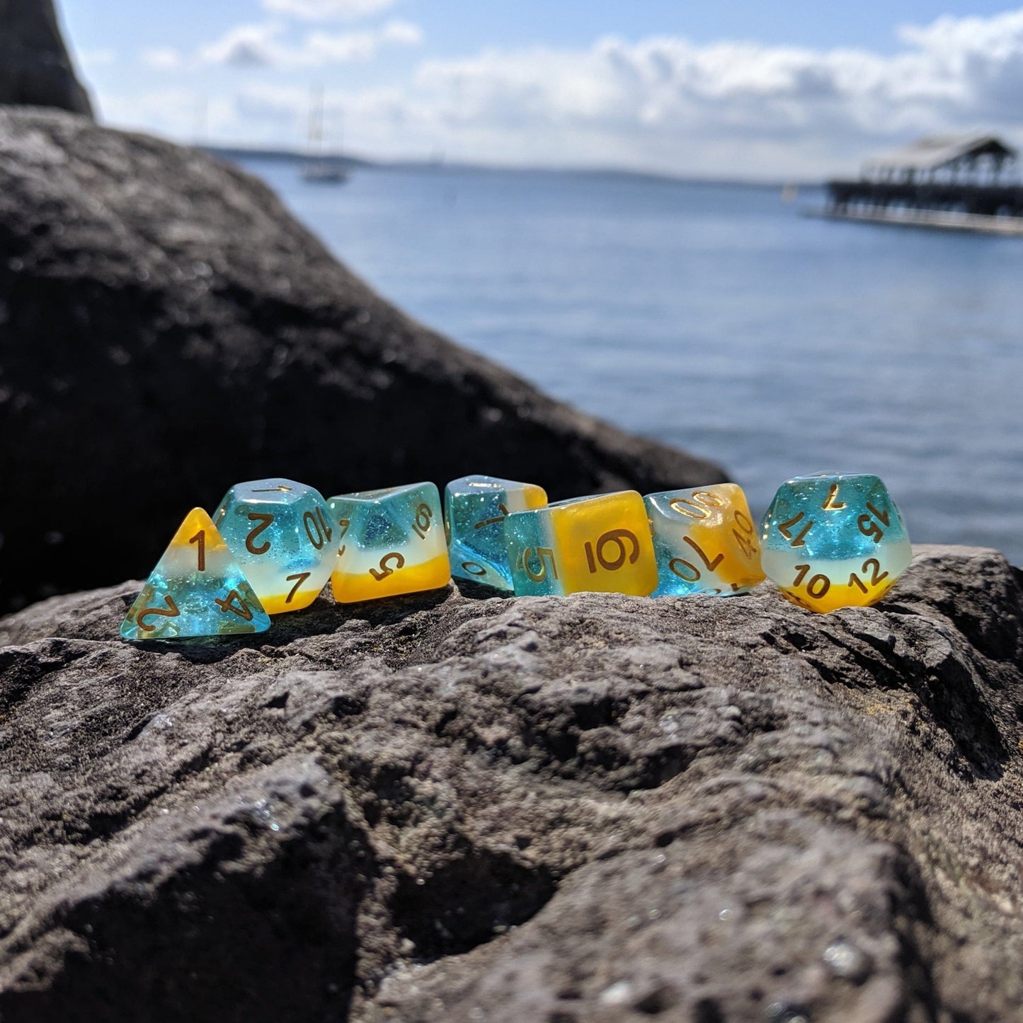 Beach Party Dice Set – 8/12pc Golden Sand Blue Ocean Layered Paw Die DnD Dice - Fennek and Finch