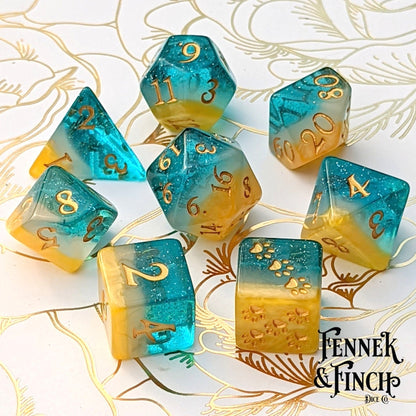 Beach Party Dice Set – 8/12pc Golden Sand Blue Ocean Layered Paw Die DnD Dice - Fennek and Finch