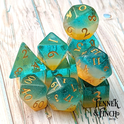 Beach Party Dice Set – 8/12pc Golden Sand Blue Ocean Layered Paw Die DnD Dice - Fennek and Finch