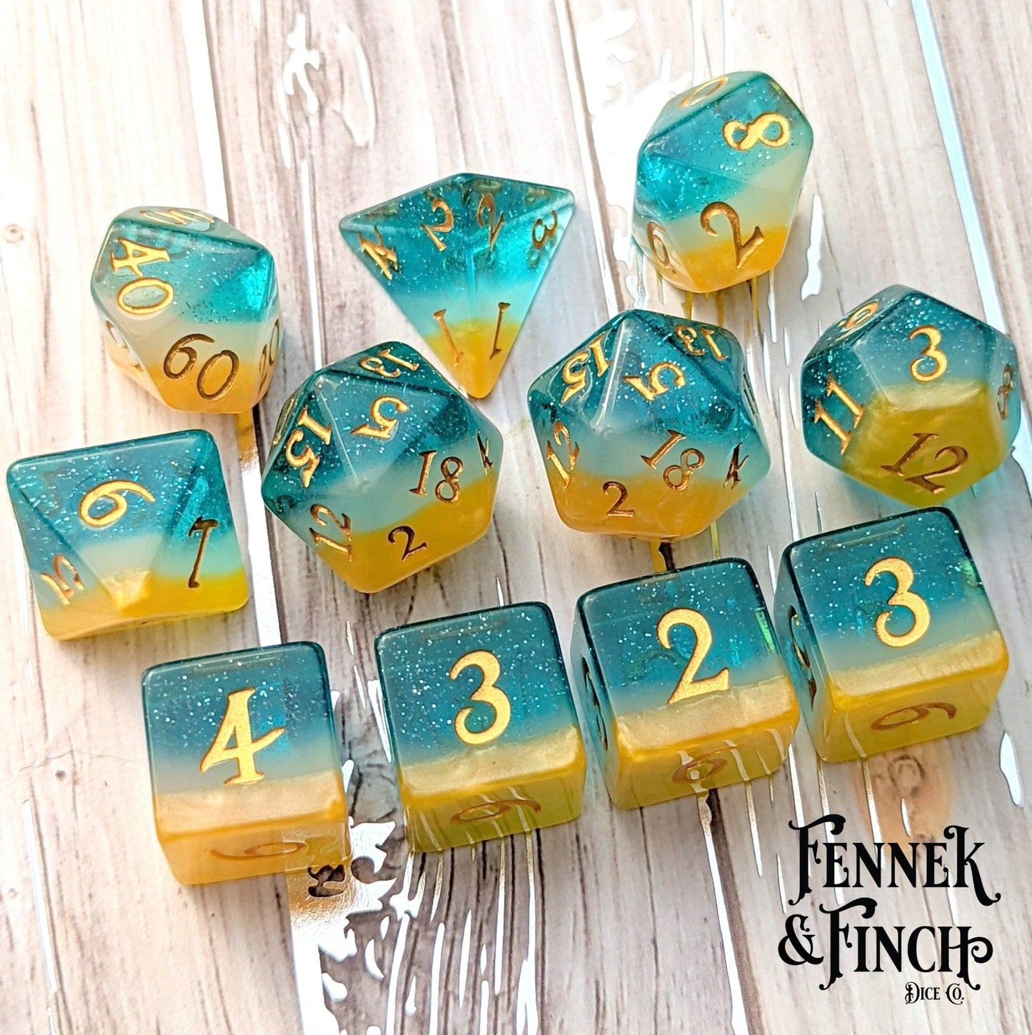 Beach Party Dice Set – 8/12pc Golden Sand Blue Ocean Layered Paw Die DnD Dice - Fennek and Finch