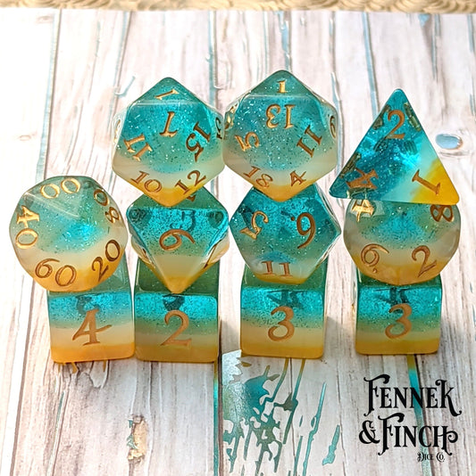 Beach Party Dice Set, Golden Sand, Breaking Waves, and Sparkling Water Layered Dice
