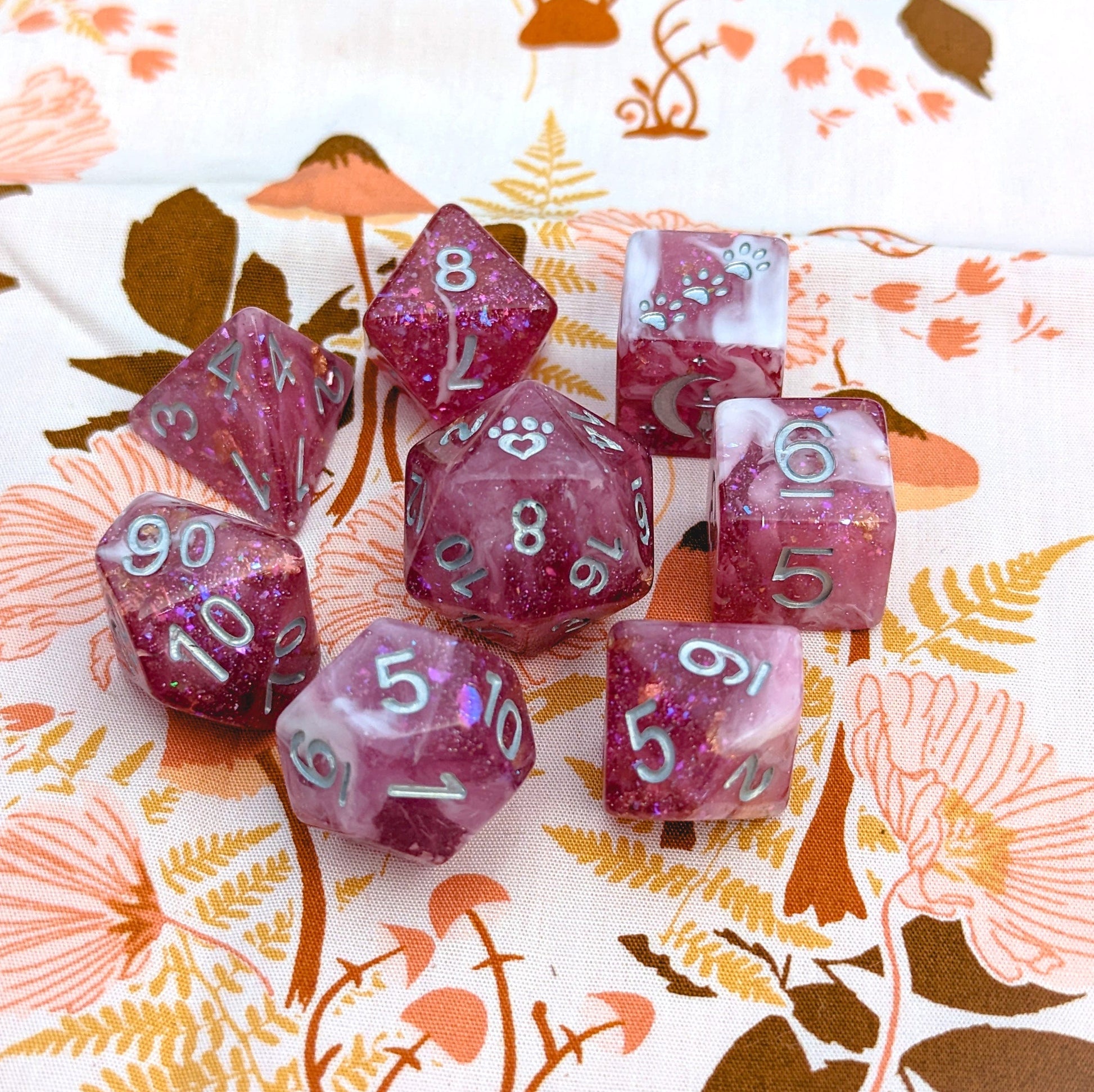 Berry Wine 8 Piece Dice Set. Clear Burgundy and White Marble, with Glitter and Foil