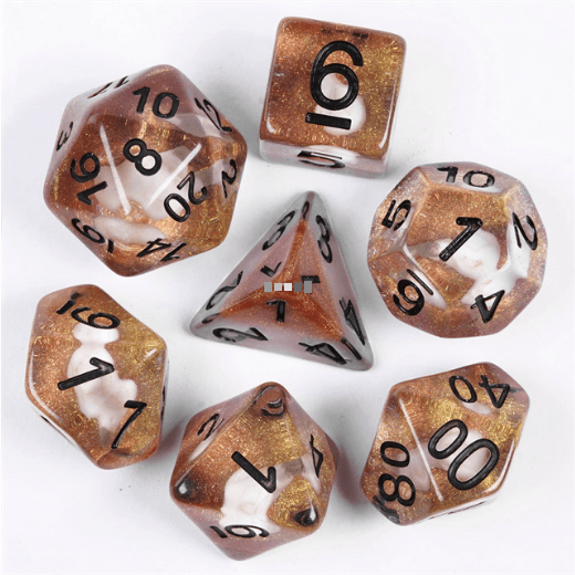 Bird Skull Dice Set with resin bird skulls on warm brown layer, 7 polyhedral pieces for tabletop games like Dungeons and Dragons.