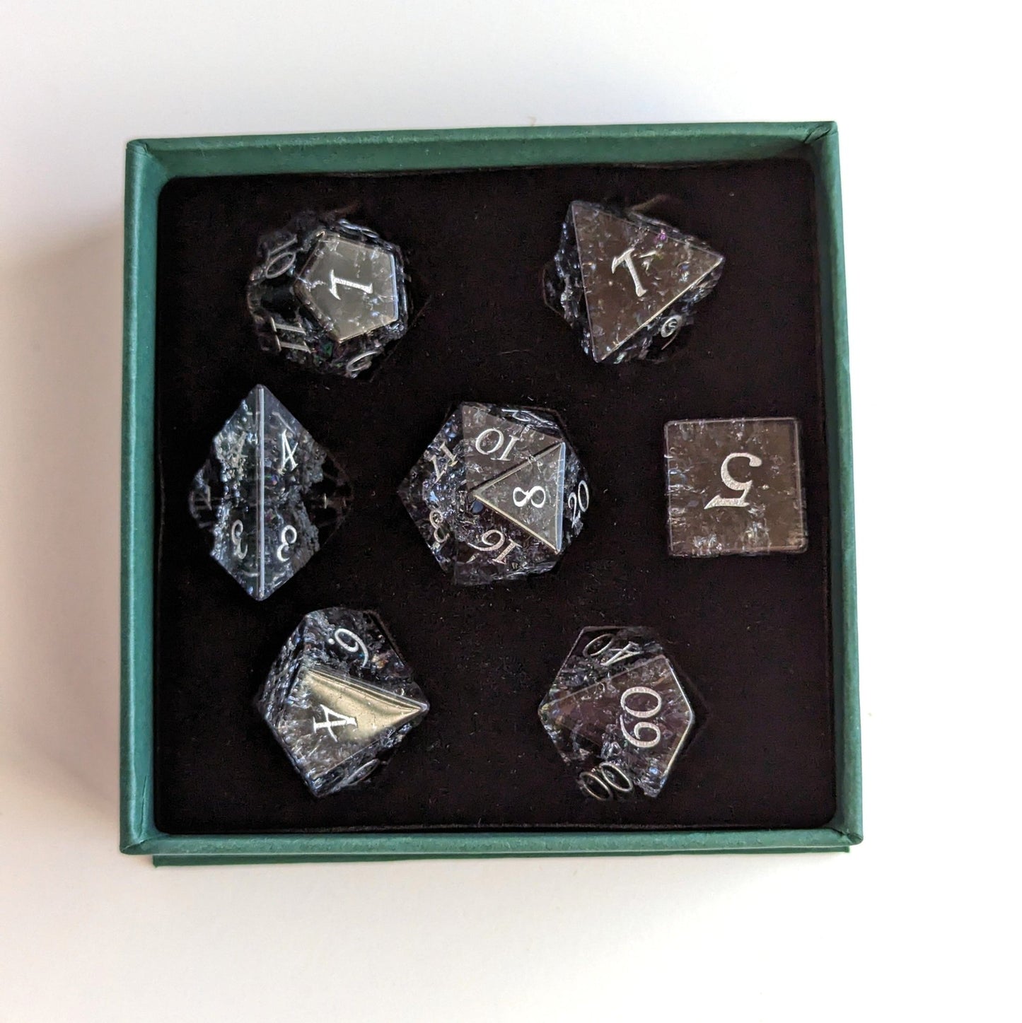 Black and Blue Crackled Glass Dice Set – 7 - Piece Real Glass DnD Dice | Fennek & Finch - Fennek and Finch