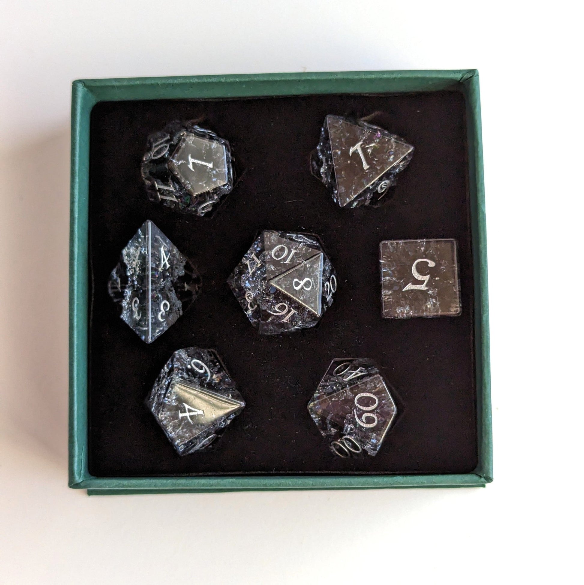 Black and Blue Crackled Glass Dice Set – 7 - Piece Real Glass DnD Dice | Fennek & Finch - Fennek and Finch