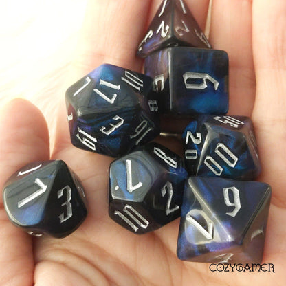 Black and Blue Glitter Acrylic Dice Set With Fantasy Font. TTRPG 7 Piece Dice