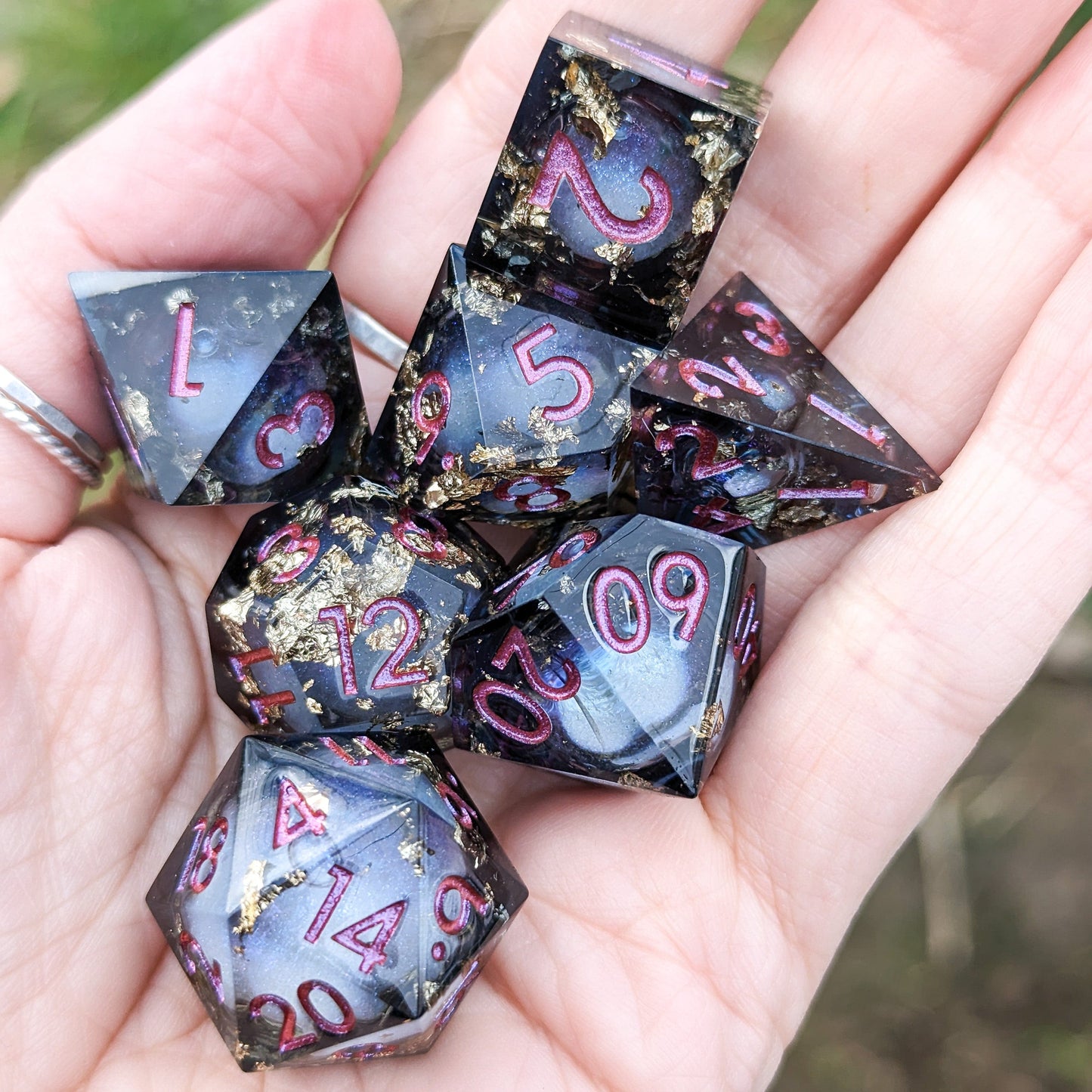 Black and Gold Liquid Core Sharp Edge Resin DnD Dice Set