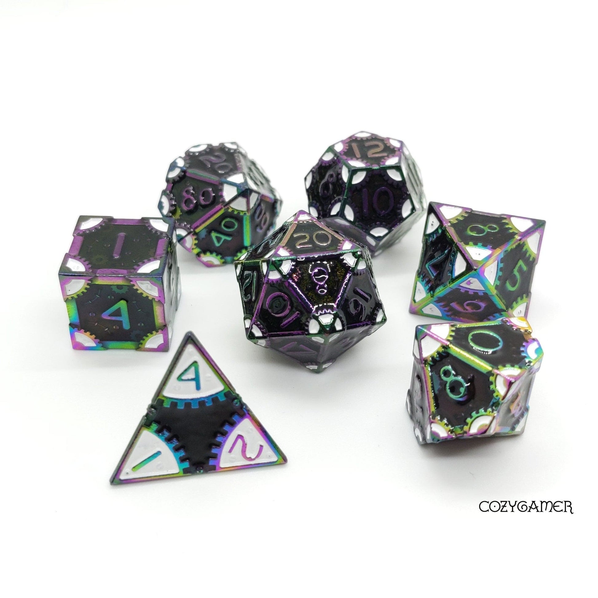 Black and White Gear Metal Dice Set with Rainbow Trim