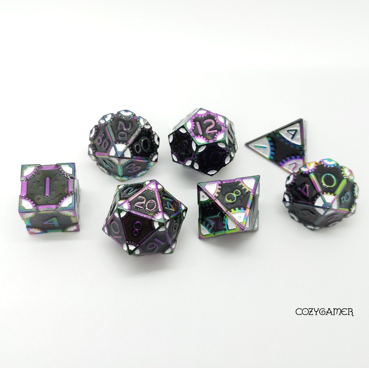Black and White Gear Metal Dice Set with Rainbow Trim