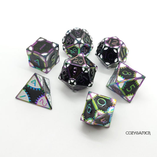 Black and White Gear Metal Dice Set with Rainbow Trim - Fennek and Finch