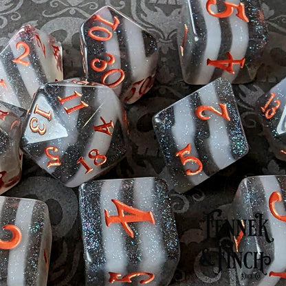 Black and White Stripe Dice Set – 7 or 11 - Piece Gothic DnD Dice | Fennek & Finch - Fennek and Finch