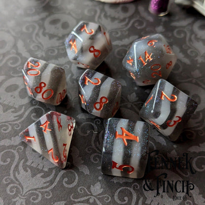 Black and White Stripe Dice Set – 7 or 11 - Piece Gothic DnD Dice | Fennek & Finch - Fennek and Finch
