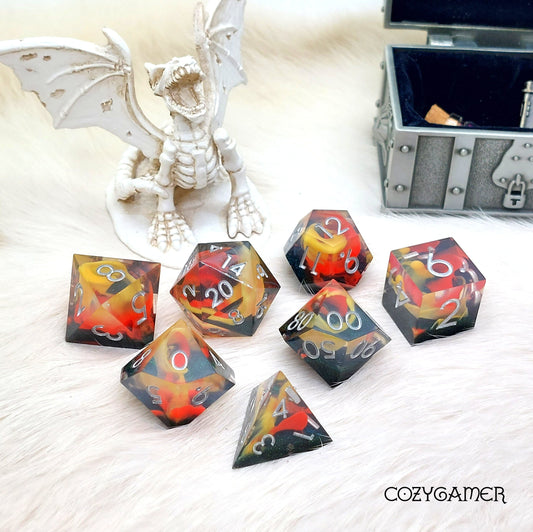 Black Coals and Flames Sharp Edge Resin Dice Set. 7 Piece DND dice set