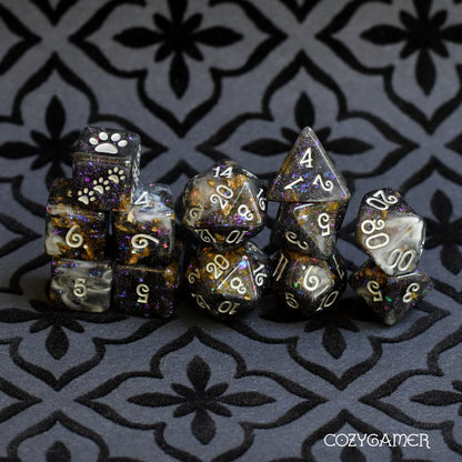 Black Fog Dice Set – 8/12pc Clear Black White Marble Glitter Foil Paw Die Dice sets Fennek and Finch