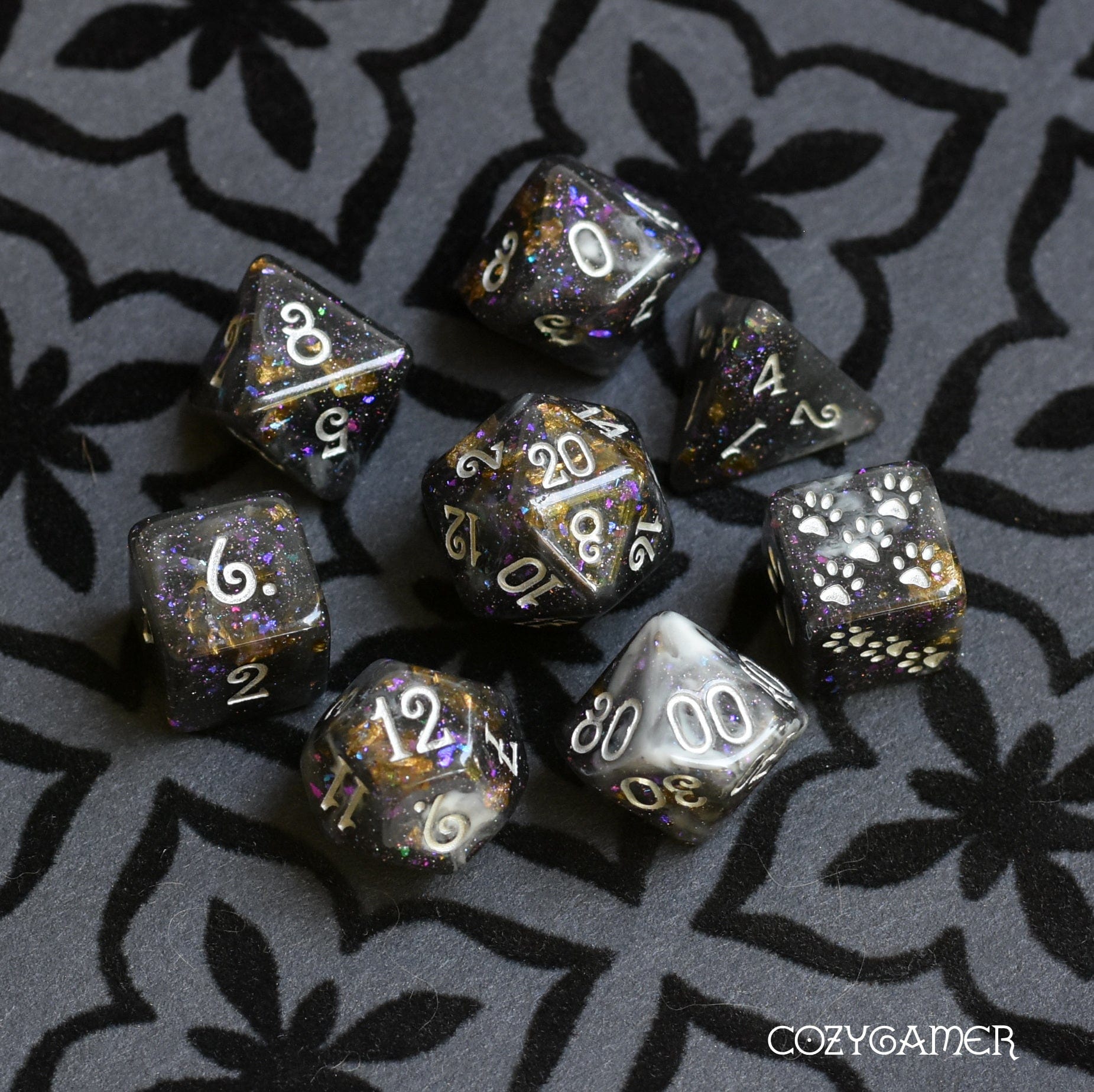 Black Fog Dice Set – 8/12pc Clear Black White Marble Glitter Foil Paw Die Dice sets Fennek and Finch 8 Piece Set