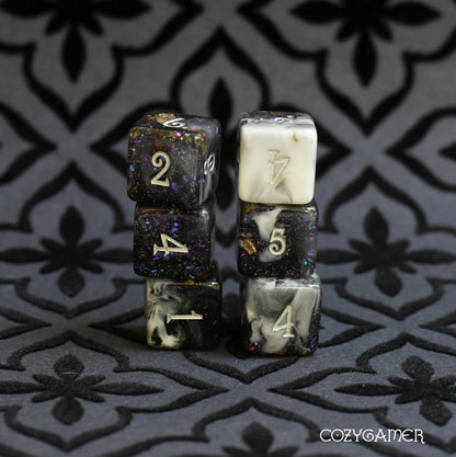 Black Fog Dice Set – 8/12pc Clear Black White Marble Glitter Foil Paw Die Dice sets Fennek and Finch D6 Set