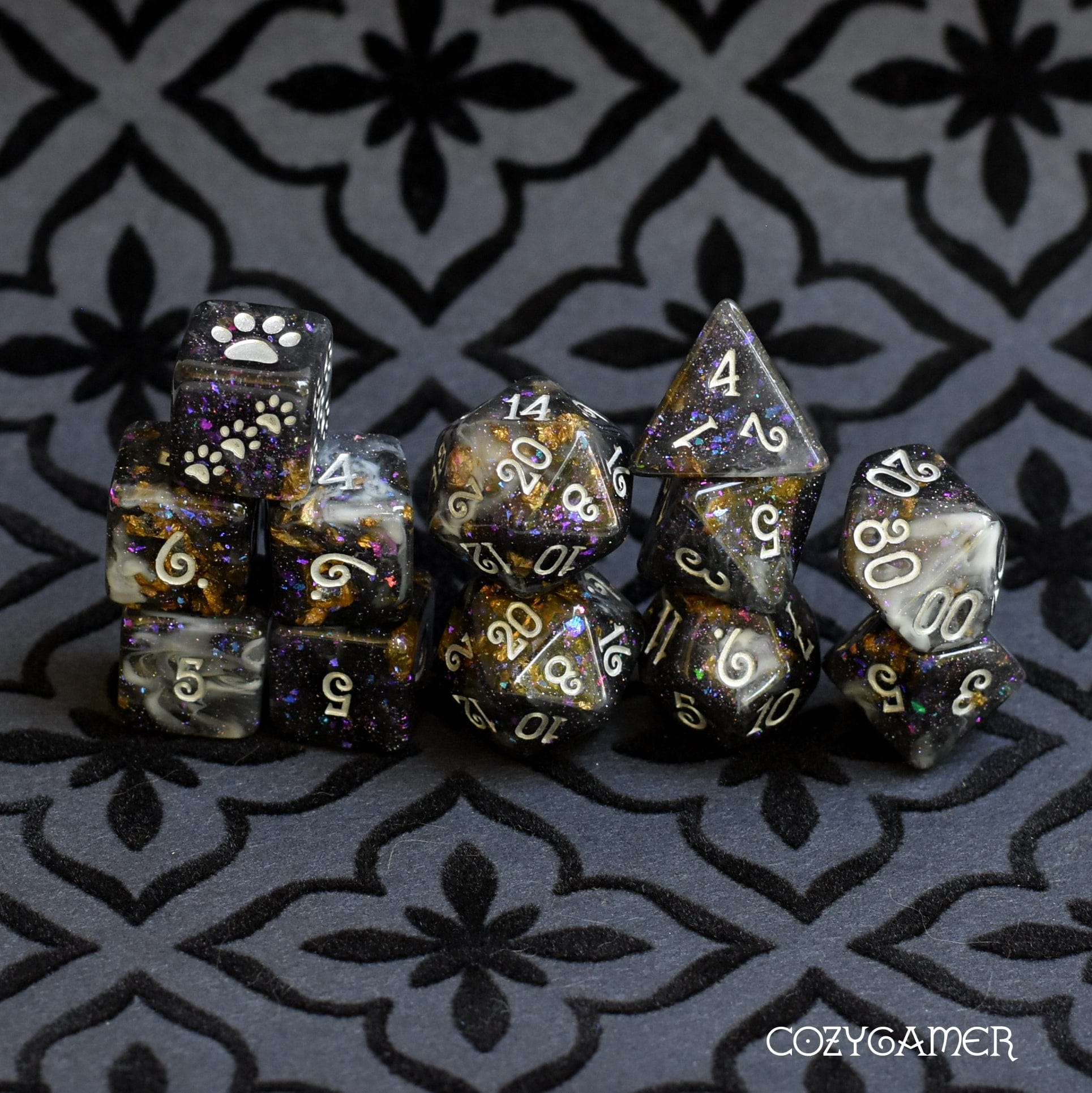 Black Fog Dice Set. Clear Black and White Marble, with Glitter and Foil.