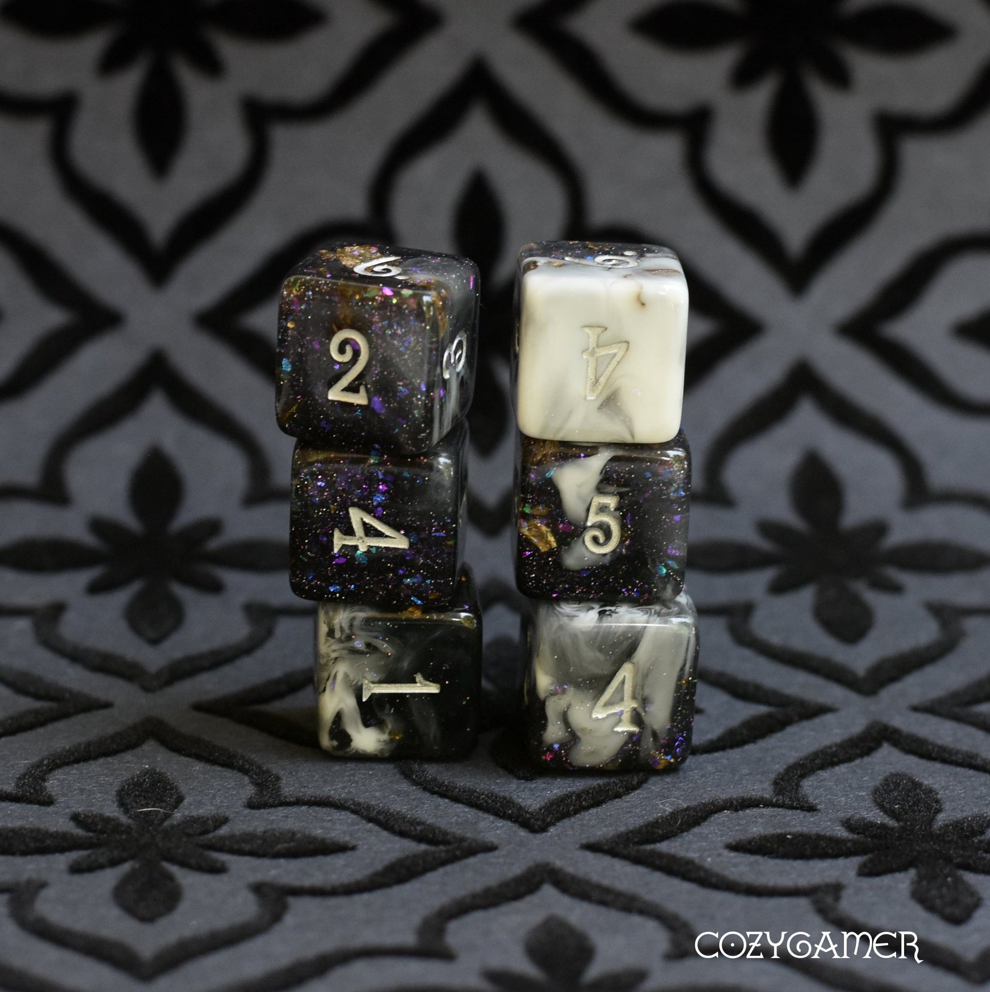 Black Fog Dice Set. Clear Black and White Marble, with Glitter and Foil. D6 Set