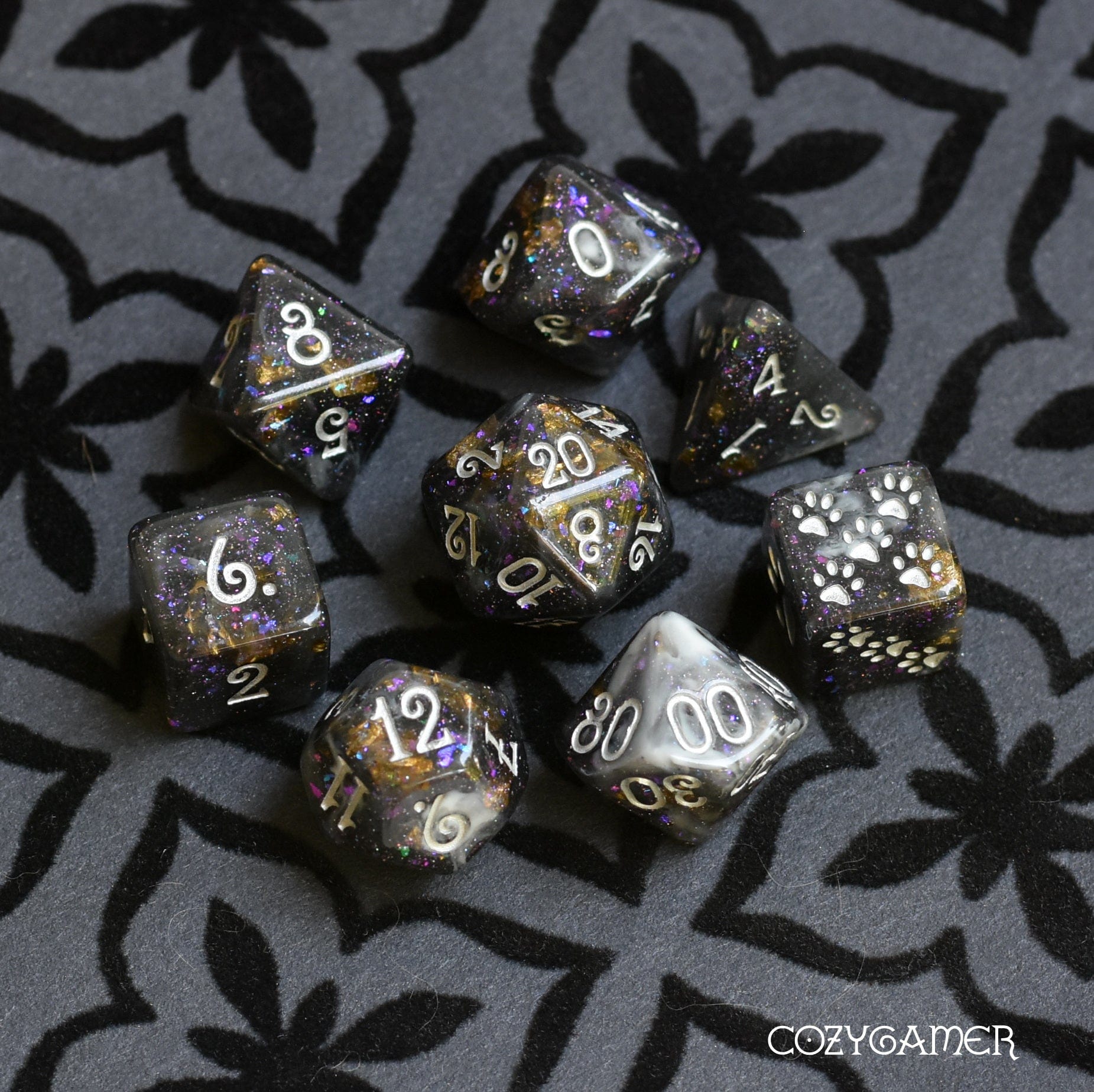 Black Fog Dice Set. Clear Black and White Marble, with Glitter and Foil. 8 Piece Set