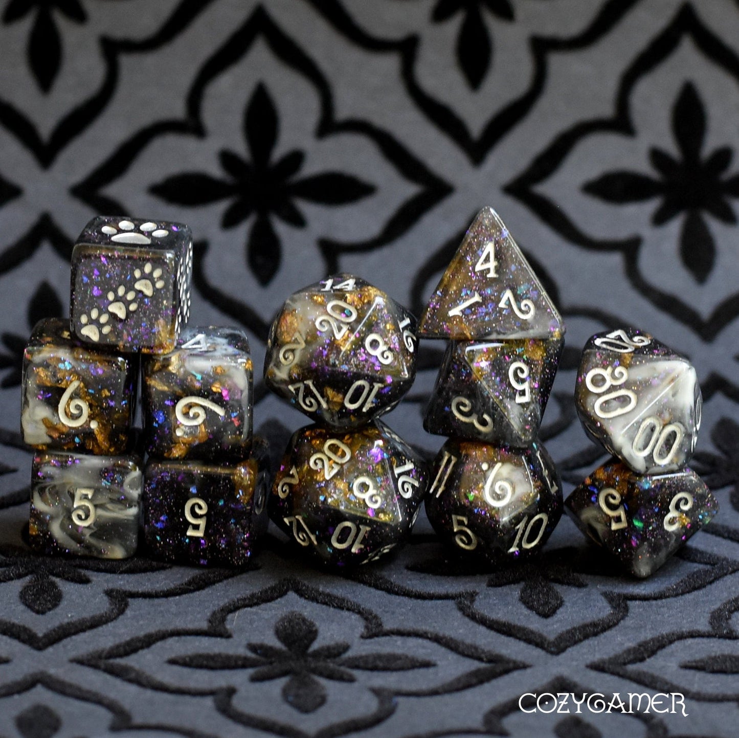 Black Fog Dice Set. Clear Black and White Marble, with Glitter and Foil. 12 Piece Set